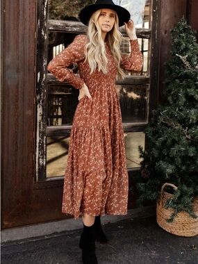 Böhme Rust Floral Long Sleeve Smocked Midi Dress
